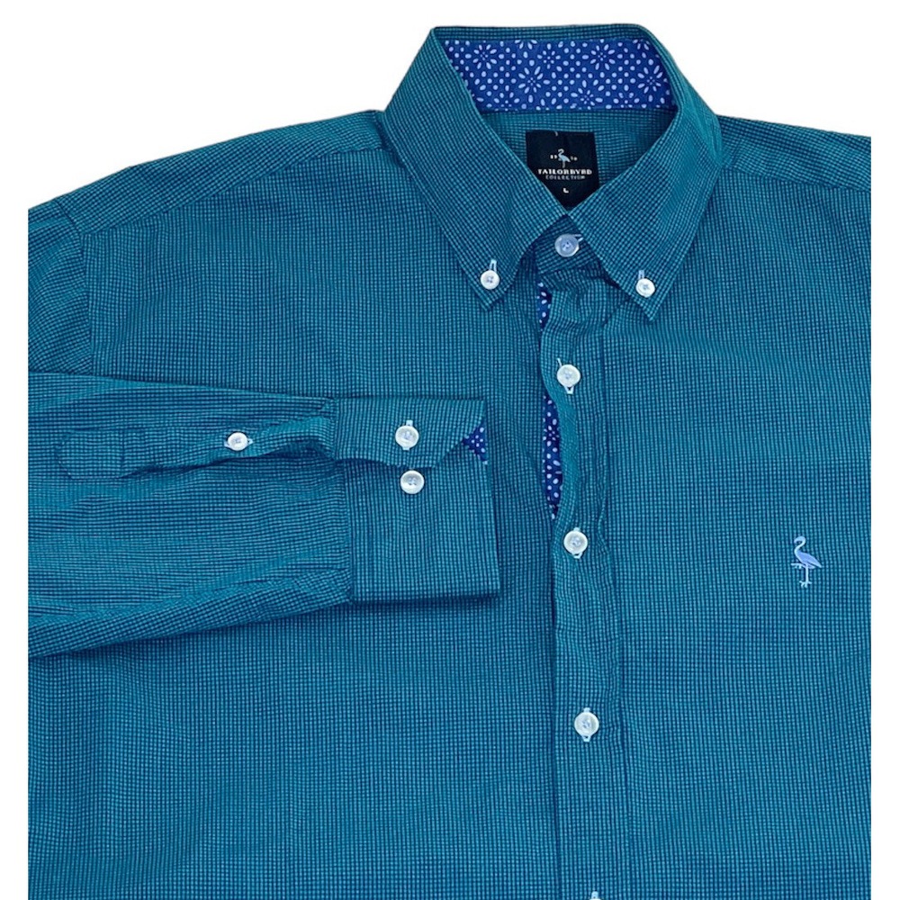 Taylor Byrd Men's Button Up‎ Dress Shirt Large Green Blue Gingham Check
